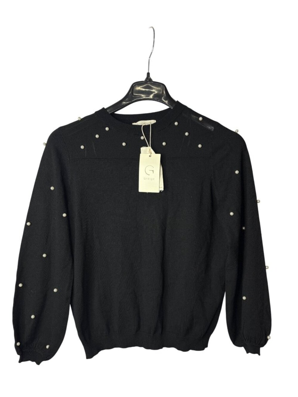 Greige Womens Sweater Size M Sheer Faux Pearl Accents Black New